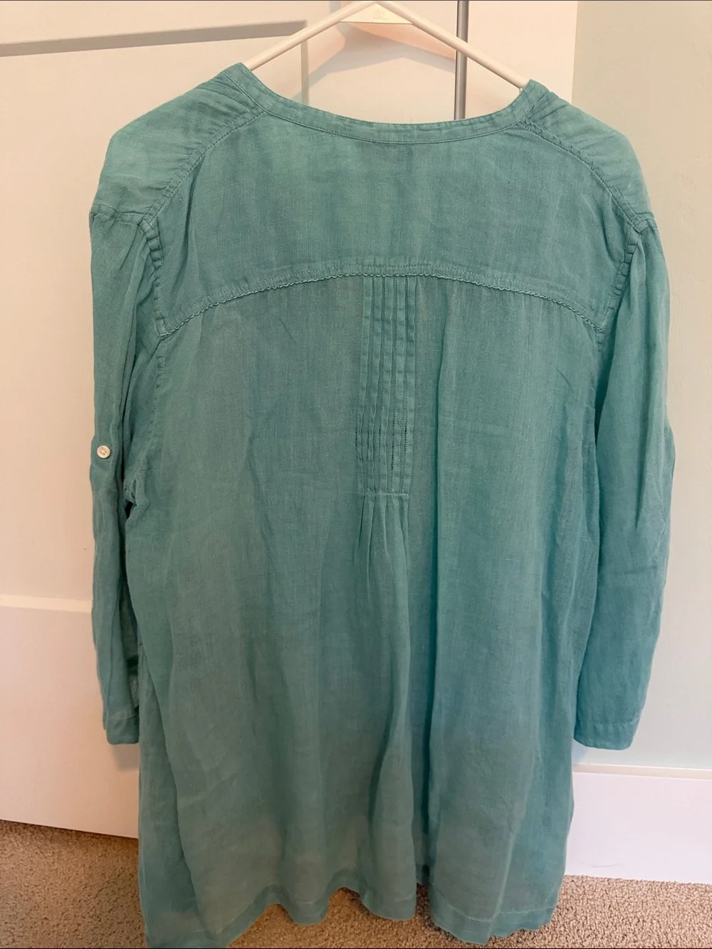 3 Tommy Bahama Linen Button Down Blouses with Ruffle Detail Aqua Coral and Tan - Picture 8 of 15